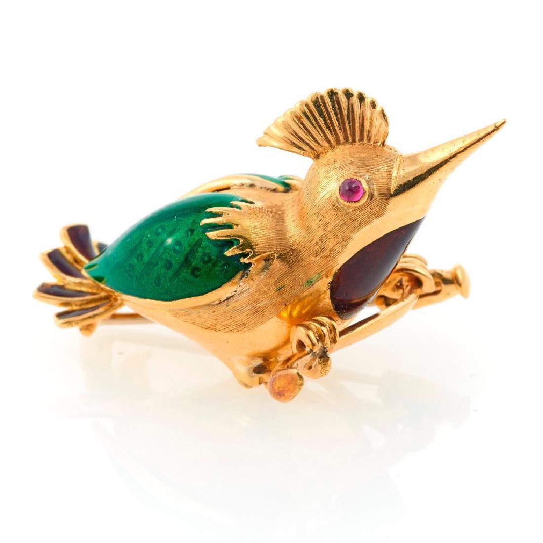 Enamel, ruby and 18k gold bird brooch, Italy (1 of 1)