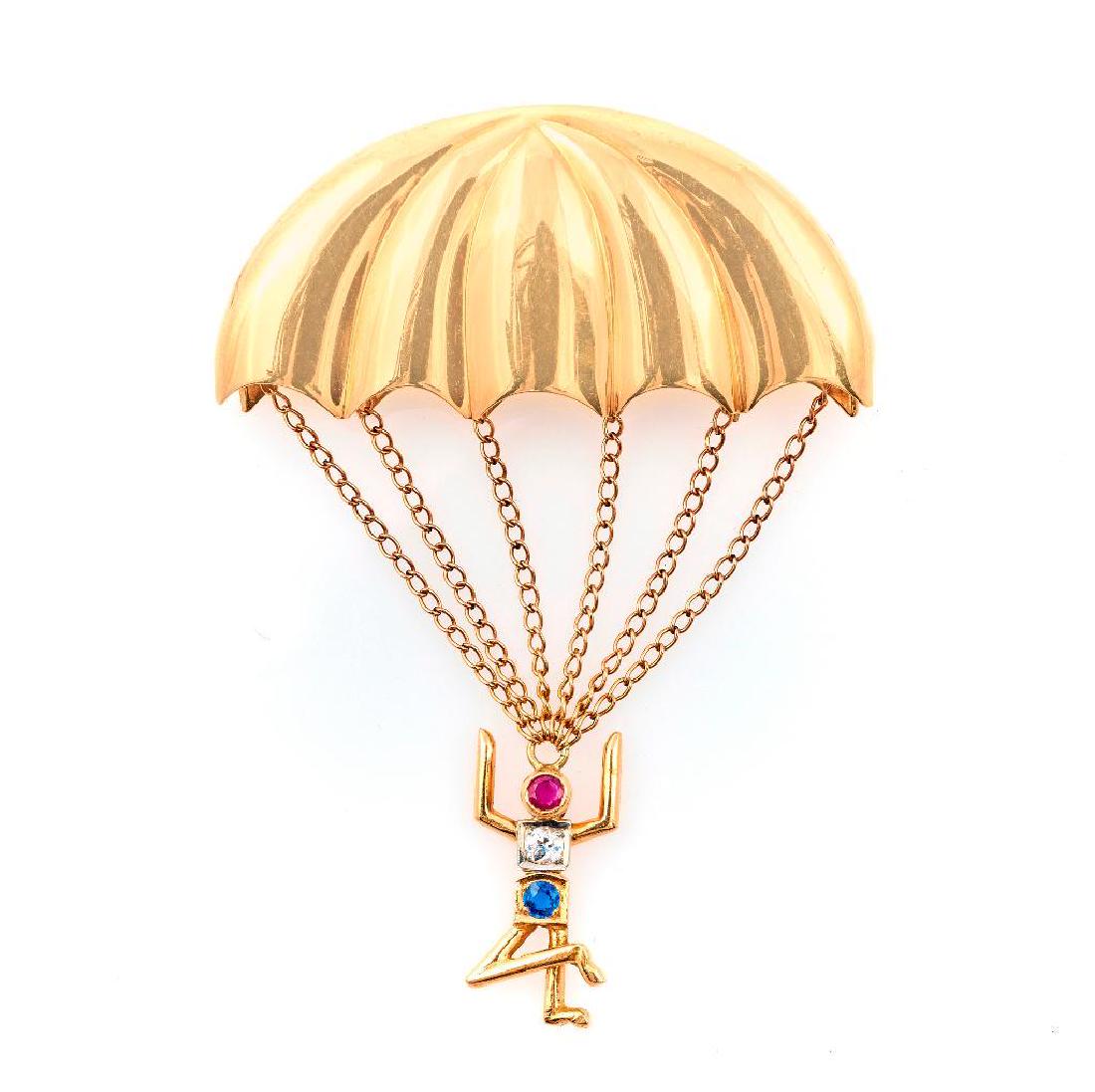 Ruby, sapphire, diamond, 14k gold parachuter brooch (1 of 1)