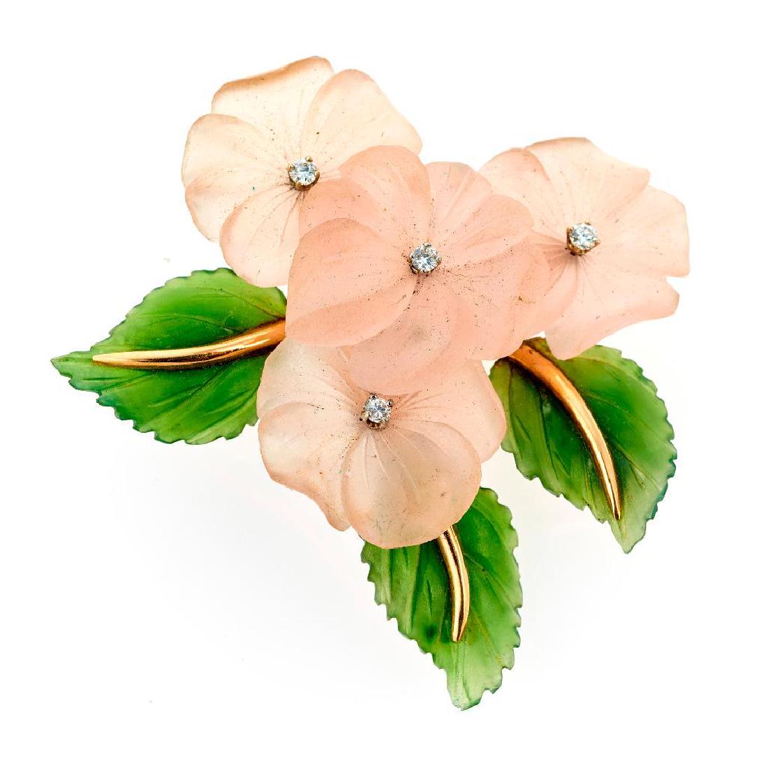 Diamond, rose quartz, jade and 14k gold flower brooch (1 of 1)