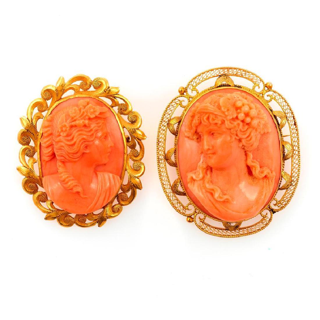 Two coral cameo and 14k gold brooch-pendants (1 of 1)