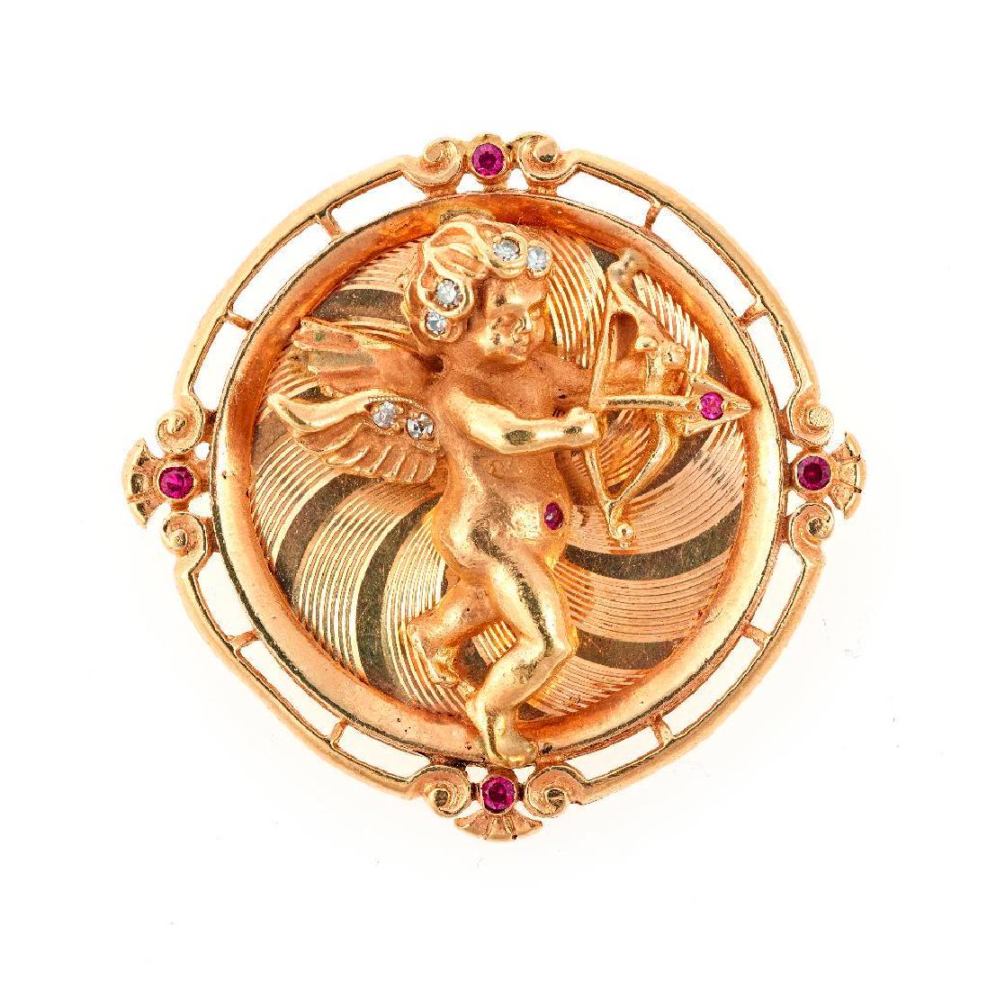 14k Gold, diamond, red stone Cupid brooch-pendant (1 of 1)