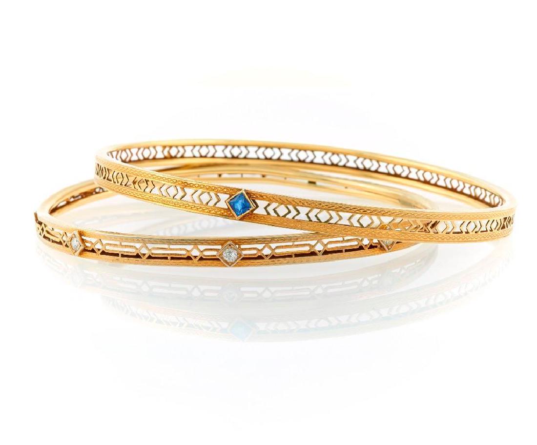 Two antique gem-set and gold bangle bracelets (1 of 1)