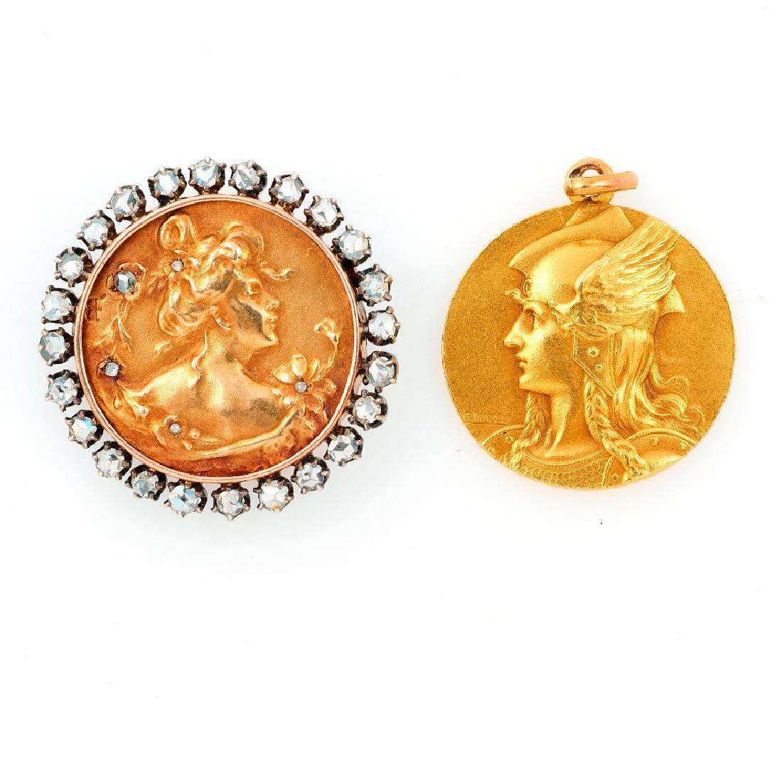 Andre Lavrillier Art Nouveau 18k gold pendant: together with an Art Nouveau rose-cut diamond set silver and 10k gold brooch; gross weight approximately 13.2g