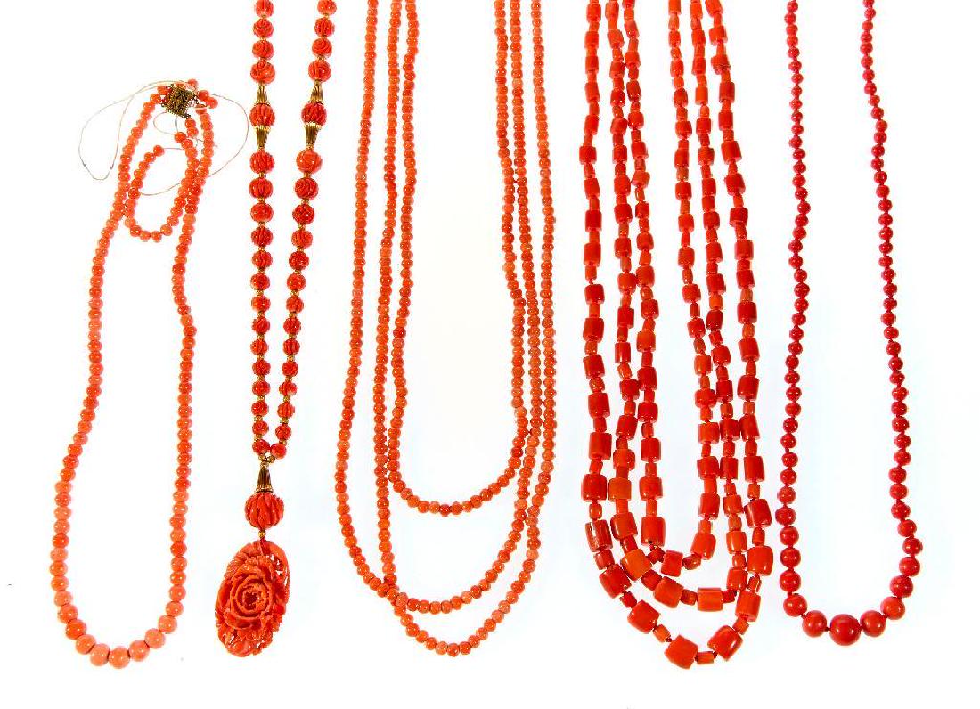 Collection of 5 carved and beaded coral necklaces (1 of 1)