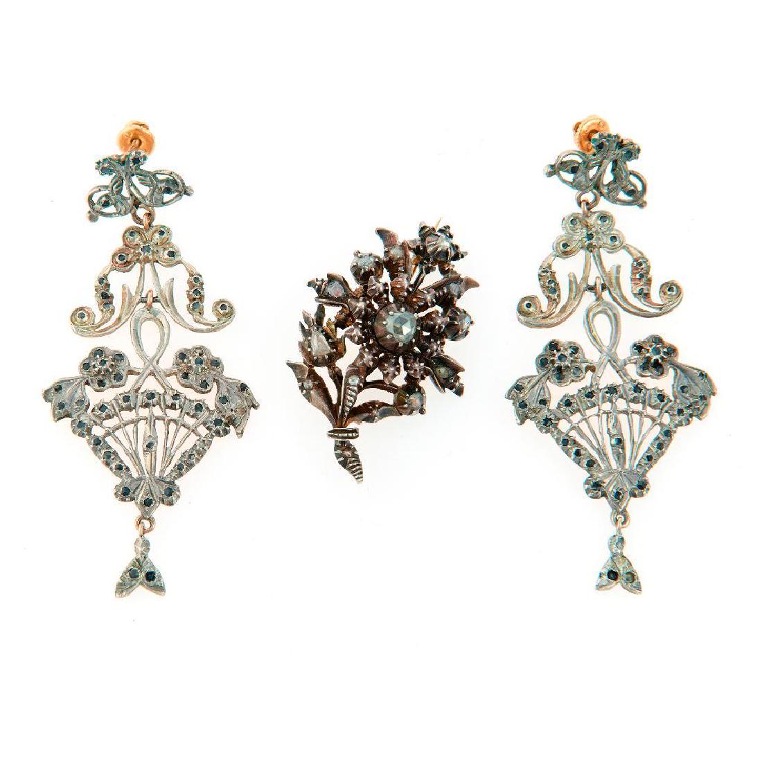 Georgian diamond & silver-topped gold brooch & earrings (1 of 1)