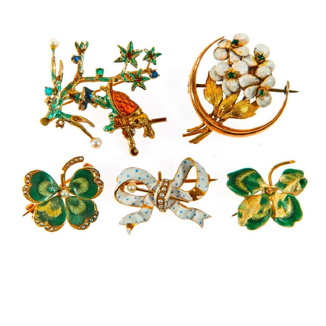Collection of 5 cultured pearl, enamel & 14k gold pins (1 of 1)
