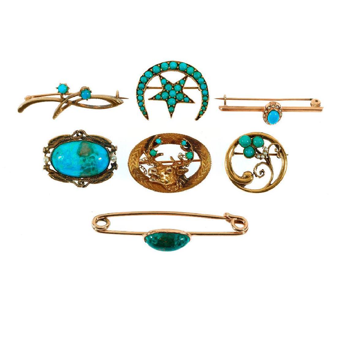Collection of 7 turquoise and 14k gold brooches (1 of 1)