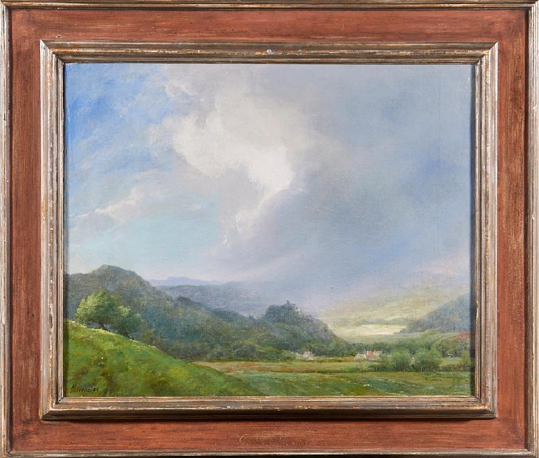 Robert Maione (1932 - 1987): Artist: Robert Maione (1932 - 1987). Title: Storm over Agello Valley, N.Y. Signature: signed bottom left. Size: Artwork: 18 x 22 inches. Frame: 24 1/2 x 28 1/4 inches. Created: 1979. ?Medium: Oil on C