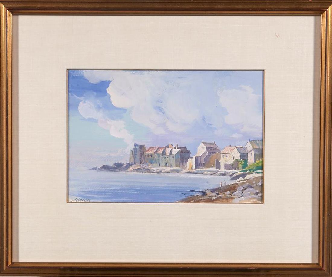 Robert Maione (1932 - 1987): Artist: Robert Maione (1932 - 1987). Title: Shoreline watercolor. Signature: signed bottom left. Size: Artwork: 8 x 12 inches. Frame: 16 3/4 x 20 1/4 inches. Medium: Watercolor on paper.