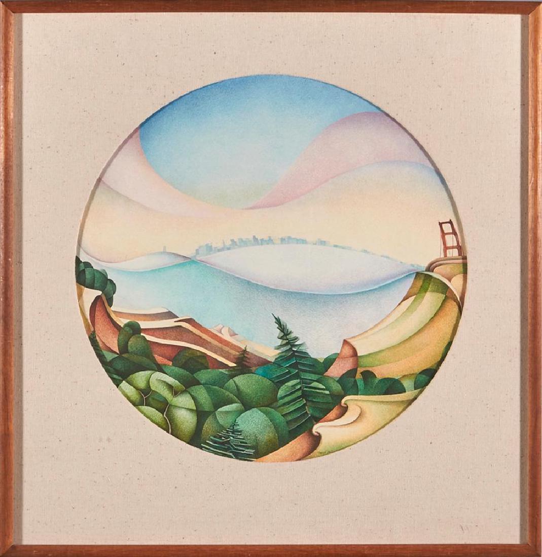 Michael Bergt (born 1956): Artist: Michael Bergt (born 1956). Title: Bay View. Signature: signed bottom right. Size: Artwork: 15" Circle. Frame: 22 x 21 inches. Created: 1979. Medium: Egg tempera.