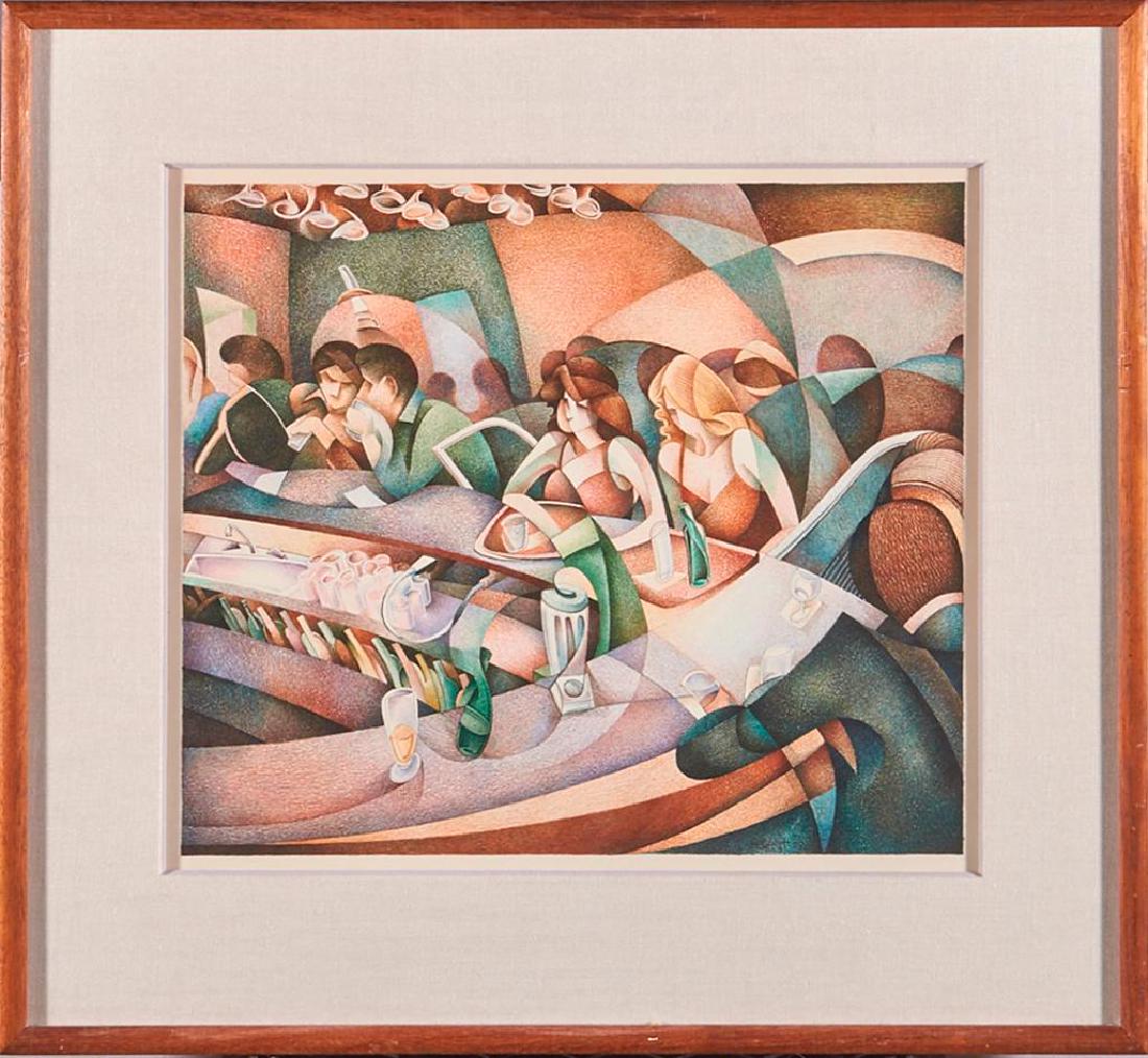 Michael Bergt (born 1956): Artist: Michael Bergt (born 1956). Title: Singles Bar. Signature: signed bottom right. Size: Artwork: 12 x 14 inches. Frame: 18 3/4 x 20 1/2 inches. Created: 1979. Medium: Egg tempera.