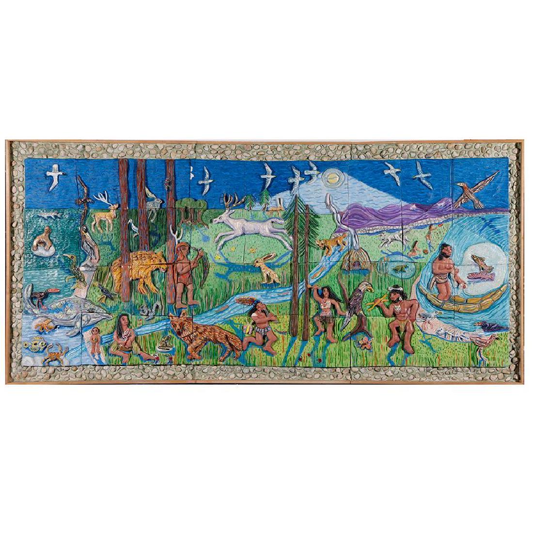 Maria Alquilar (1928 - 2014): Artist:Maria Alquilar (1928 - 2014). Title: Farm Animals. Size: Artwork: 22 1/4 x 52 1/4 inches. Frame: 26 x 55 inches. Medium: Ceramic tile. Note: Extremely heavy for shipping.