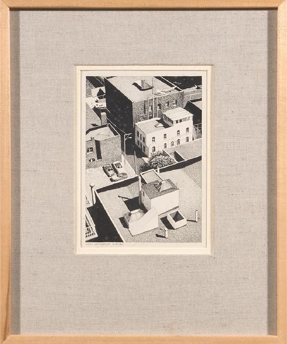 John Anderson (20th/21st century): Artist: John Anderson (20th/21st century). Title: Roof tops. Signature: signed bottom left. Size: Artwork: 8 x 6 inches. Frame: 17 1/2 x 14 1/2 inches. Created: 1989. Medium: Ink on Paper.