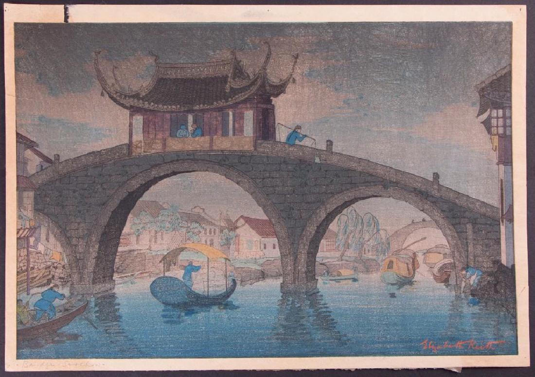 Elizabeth Keith (1887-1956): Japanese Woodblock Print. Soochow Bridge. Height: 10 inches. Width:15 inches. Condition: paper toned, brittle, tear and loss.
