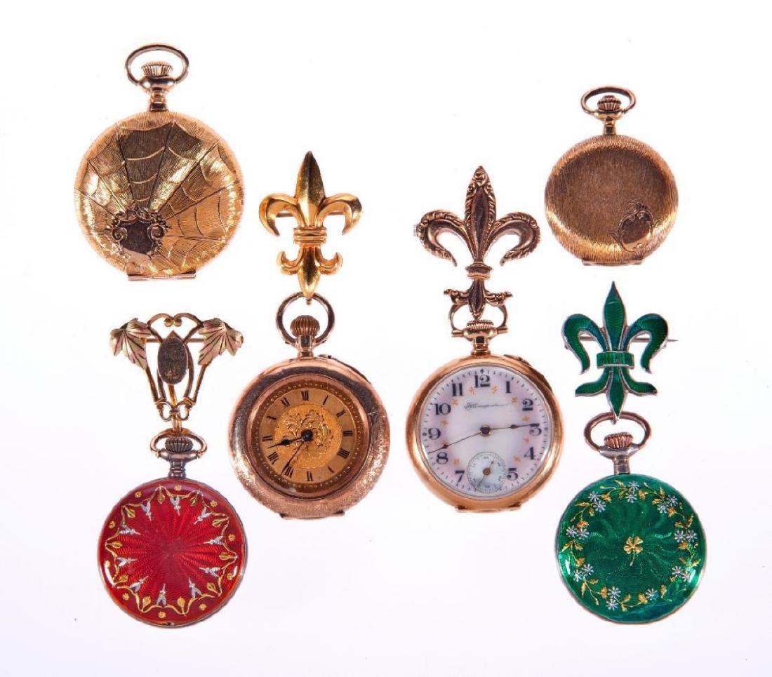 Collection of 6 enamel and gold and silver lapel watche (1 of 2)