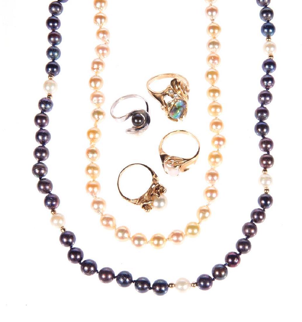 Collection of cultured pearl and diamond jewelry: set with black and white cultured pearls, freshwater cultured pearls, from 5.8 to 8.3mm, abalone, diamond and cubic zirconias; in 18k and 14k white and yellow gold; comprising 2 necklaces and 4 rings;