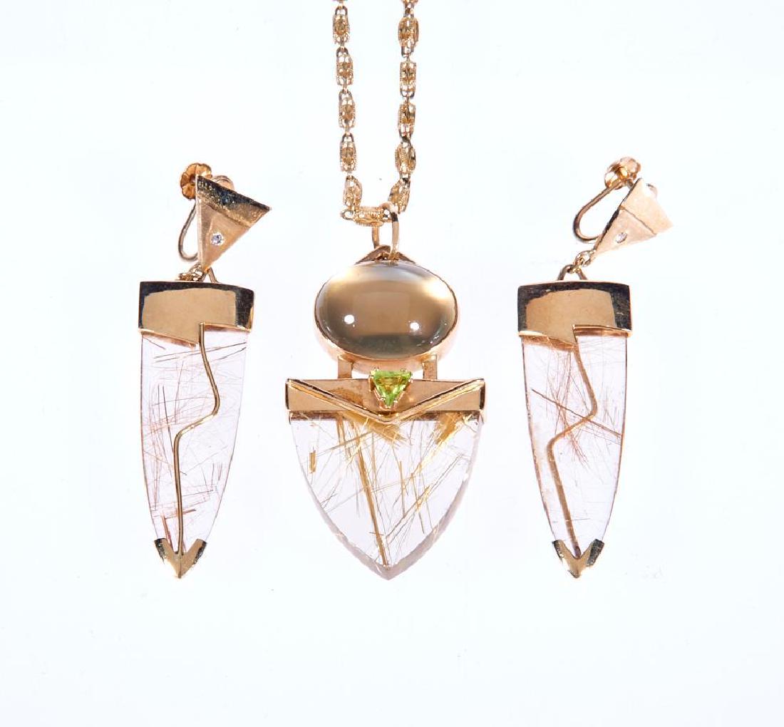 Gemstone and 14k gold pendant-necklace and earring set: set with rutilated quartz, diamond, peridot and moonstone; estimated total diamond weight: 0.06ct; gross weight approximately 40 grams; pendant length: 2 1/4in; chain length: 20in; screw-back earring