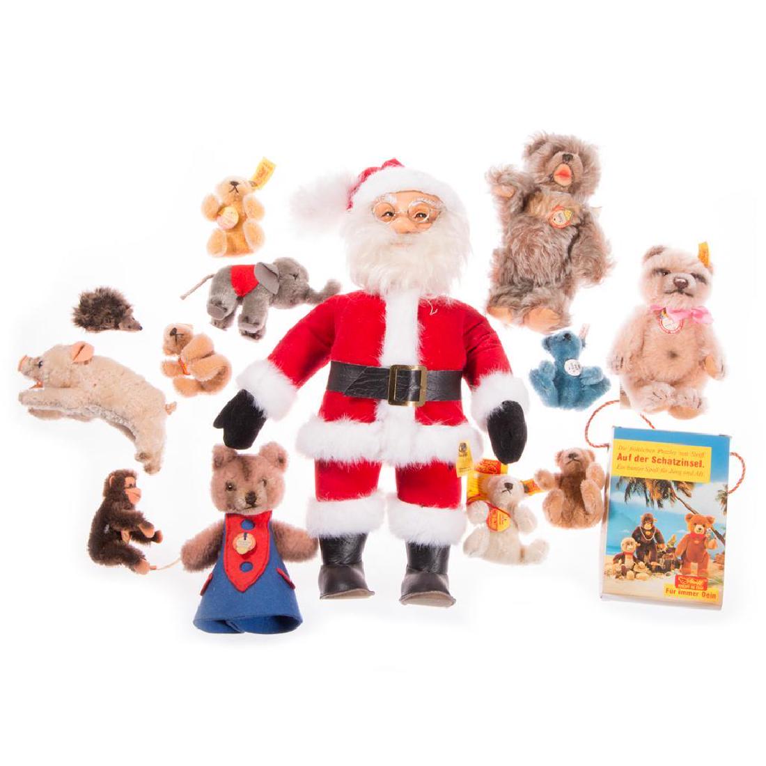 STEIFF: Miscellaneous grouping of Steiff toys in varying sizes. Condition: good to excellent. (Please note that the Steiff Santa Claus head is not attached)