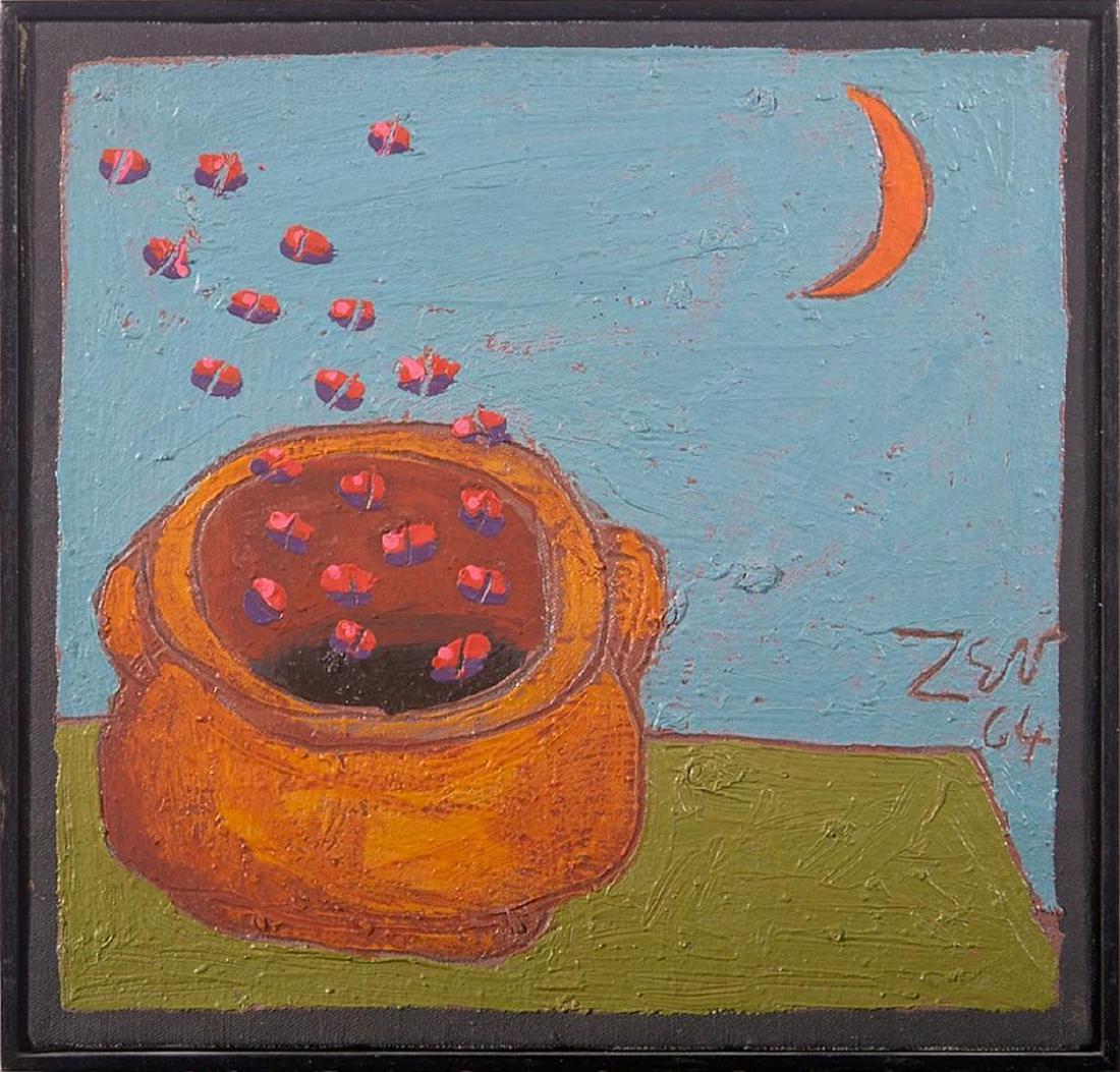 Zev (Daniel Harris) (1914-1987): Artist: Zev (Daniel Harris). Title: Orange Moon & a Pot of Split Spots. Signature: Signed bottom left. Size: Artwork: 12 x 12 inches. Frame: 12 1/4 x 12 1/4 inches. Created: 1964. Medium: Oil on canva