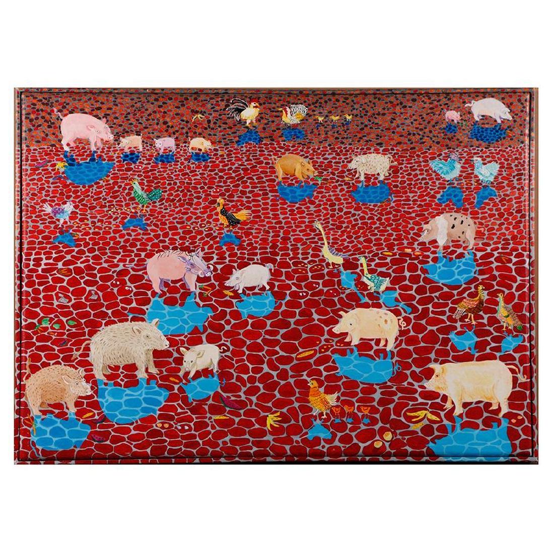 Maria Alquilar (1928-2014): Artist: Maria Alquilar (Barbara Taffet). Title: Plato de Puercos. Signature: Signed verso. Size: Artwork: 30 x 42 inches. Frame: 31 x 43 inches. Created: 1975. Medium: Oil on canvas. John Pence was f