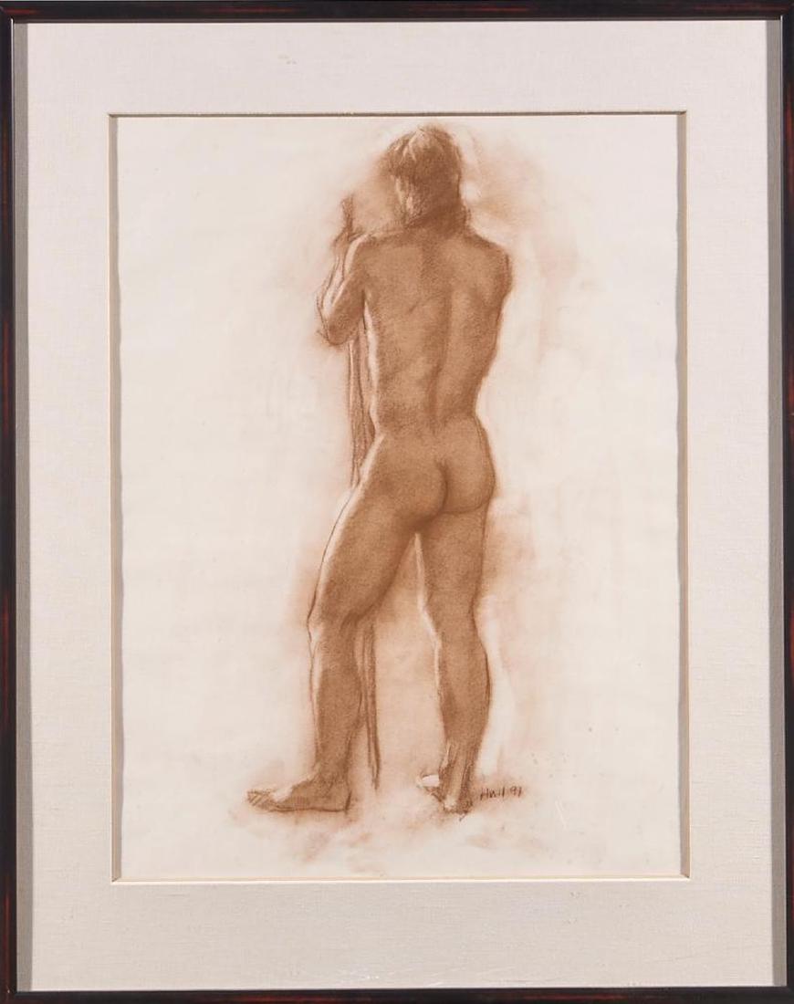 Gregory Hull (born 1950): Artist: Gregory Hull (born 1950). Title: Standing Nude (with Stick). Signature: signed bottom right. Size: Artwork: 23 x 17 1/4 inches. Frame: 30 1/4 x 24 1/4 inches. Created: 1991. Medium: Colored Pe