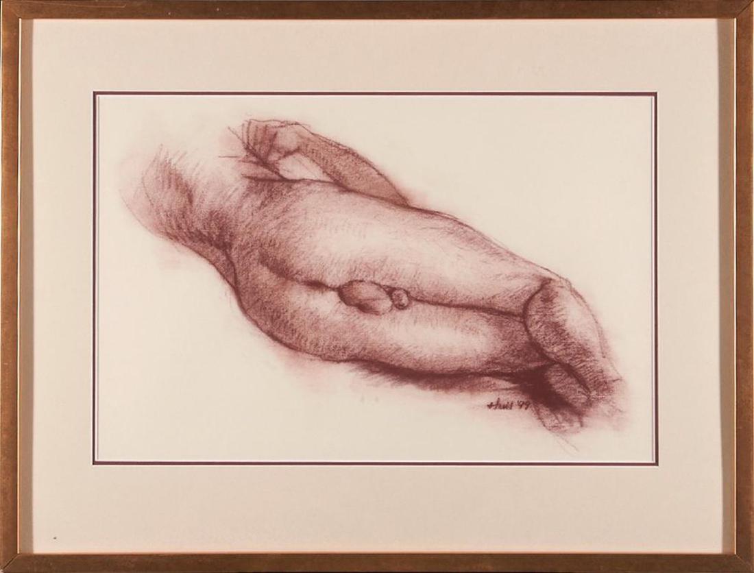 Gregory Hull (born 1950): Artist: Gregory Hull (born 1950). Title: Afternoon Delight. Signature: signed bottom right. Size: Artwork: 14 x 21 1/2 inches. Frame: 22 x 29 inches. Created: 1999. Medium: Conte Crayon on Paper. John