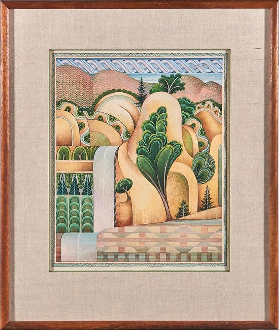 Michael Bergt (born 1956): Artist: Michael Bergt (born 1956). Title: Serpentine Scene. Signature: signed lower left. Size: Artwork: 13 x 11 inches. Frame: 19 1/4 x 16 3/4 inches. Created: 1979. Medium: Egg tempera. John Pence