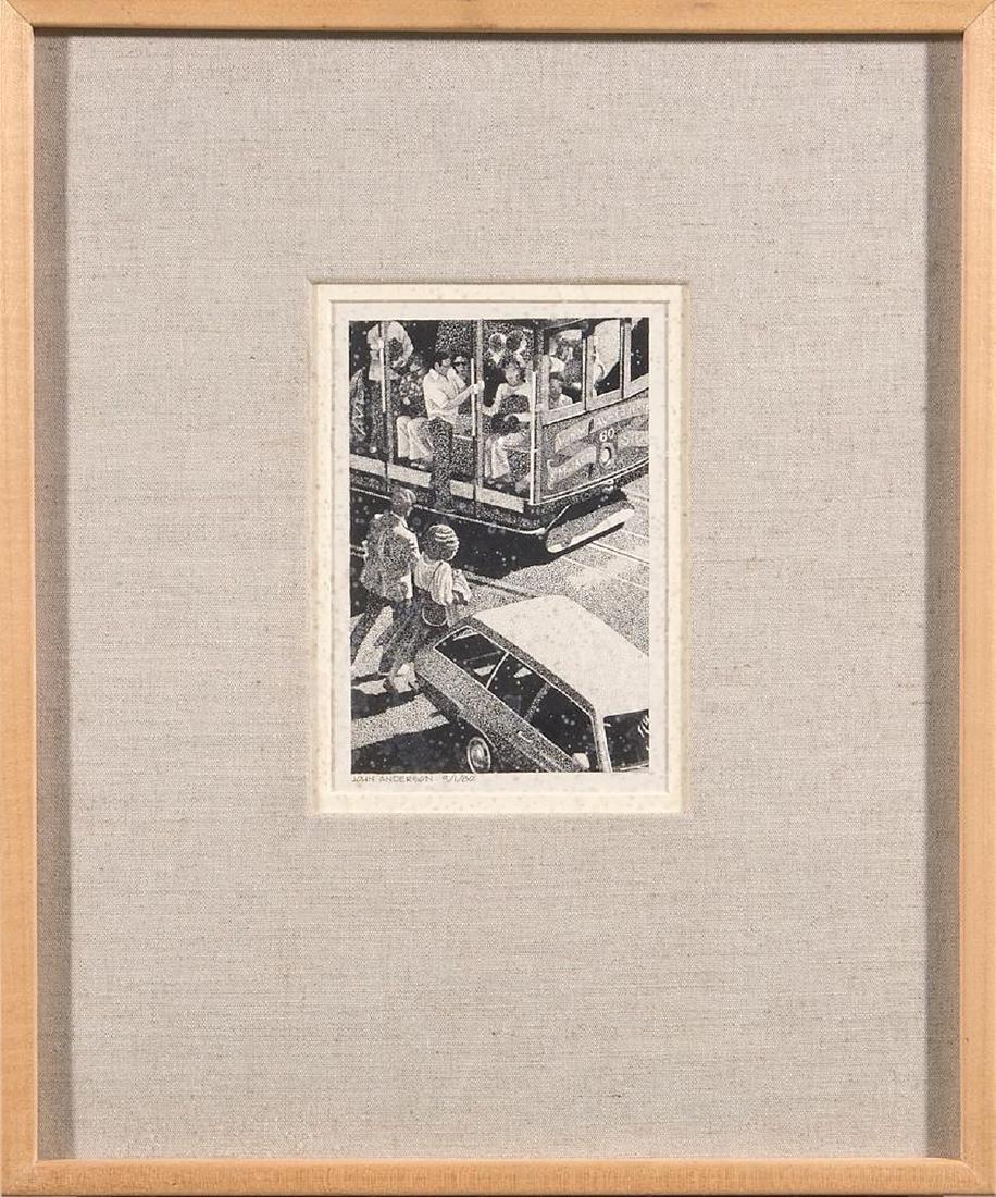 John Anderson (20th/21st century): Artist: John Anderson (20th/21st century). Title: Cable Car. Signature: signed bottom left. Size: Artwork: 6 1/2 x 4/12 inches. Frame: 17 3/4 x 14 1/2 inches. Created: 1980. Medium: Ink on Paper. Joh