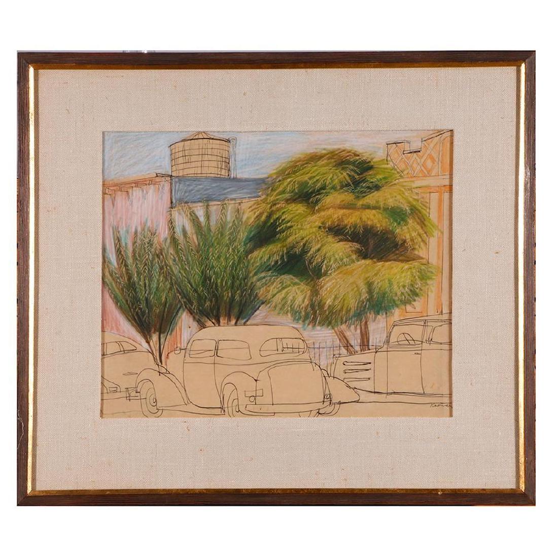 Harold Kramer (1912 - 1995): Artist: Harold Kramer (1912 - 1995). Title: Street scene with trees. Signature: lower right. Size: Artwork: 13 1/2 x 16 1/4 inches. Frame: 21 x 24 inches. Condition: Good. Created: Mid-century. Me