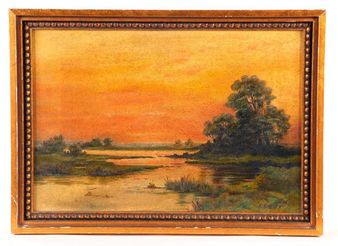 Landscape "L.L.B.".: Artist: "L.L.B.". Title: Sunset landscape. Signature: Lower right. Size: Artwork: 10 1/2 x 15 1/2 inches. Frame: 13 x 18 inches. Condition: Good. Created: 1897. Medium: Oil on canvas.
