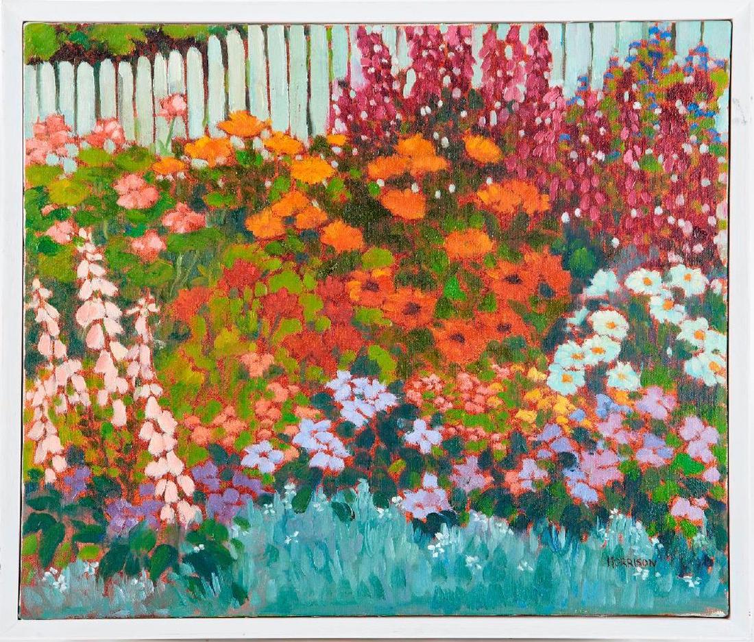 Brenda Morrison (late 20th century): Artist: Brenda Morrison (late 20th century). Title: Flower bed and picket fence. Signature: Lower right. Size: Artwork: 16 x 19 inches. Frame: 17 1/4 x 20 1/4 inches. Condition: Good. Created Late 20