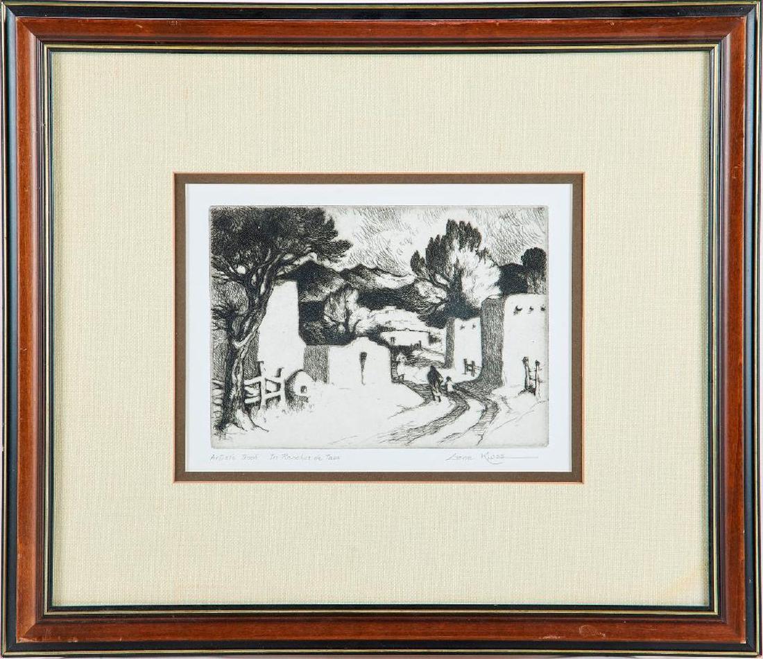 Gene KLOSS (1903-1996): Artist: Gene KLOSS (1903-1996). Title: "In Rancho de Taos". Signature: Lower right. Size: Artwork: 5 3/4 x 8 inches. Frame: 15 1/4 x 17 1/2 inches. Condition: good. Created: 20th Century. medium: Lit