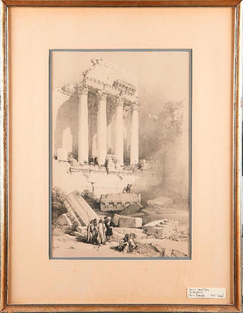 David Roberts (1796 - 1854).: Artist: David Roberts (1796 - 1854) (Attrb). Title: The ruins of Baalbec. Signature: Unsigned. Size: Artwork: 19 x 12 1/2 inches. Frame: 28 1/2 x 22 inches. Condition: Good, small frame chips. Created