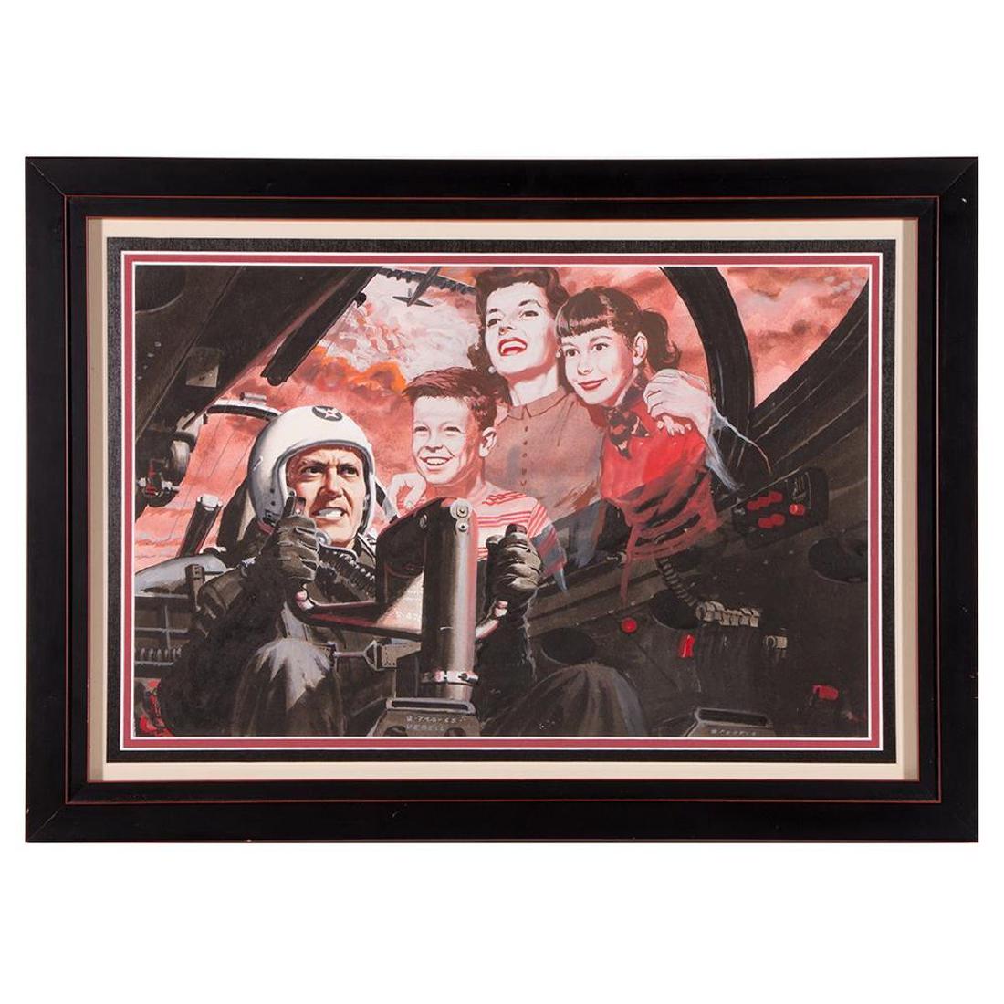 Edward Vebell (born 1921): Artist: Edward Vebell (born 1921). Title: Fighter pilot dream. Signature: Bottom center. Size: Artwork: 12 x 18 inches. Frame: 16 3/4 x 23 inches. Condition: Good. Created: 20th century. Medium: Past