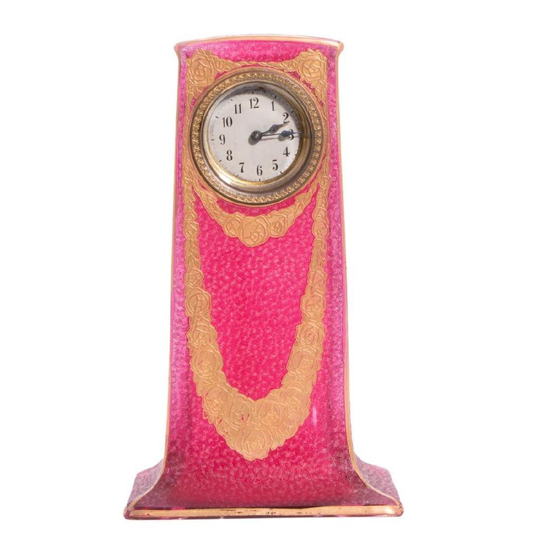 Art Nouveau Pink Textured Glass Clock Case.: Art Nouveau Rectangular Pink Glass Clock Case with textured surface and decorated with gold swags of flowers and accents of gilt. Possibly French. Condition: Excellent, wear on some of the gilting