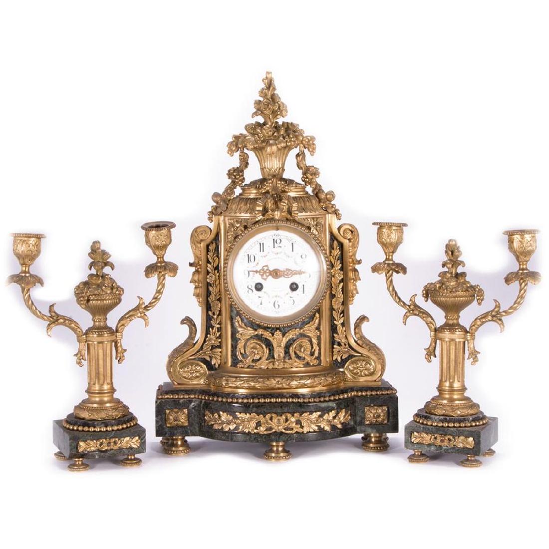 Louis XVI Style Gilt Bronze and Marble Clock and Garnit (1 of 8)