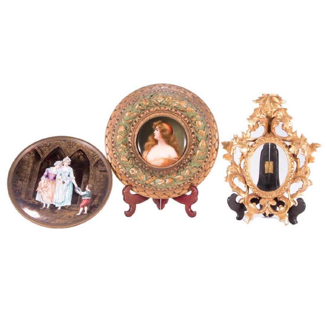 Two Hand Painted Plaques and a Hand Craved Gilt Frame. (1 of 8)