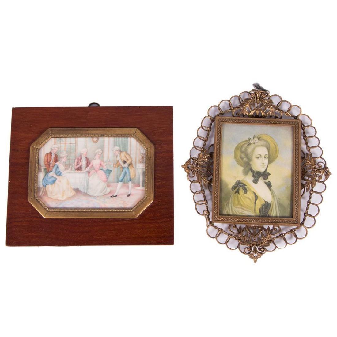 Two Female Miniature Portraits.: Miniature Portrait Madame Pompadour in a brass wire frame. 18th Century room scene of courtesans in a wooden frame with a gilt octagonal frame. Painted on bone. Condition: Excellent. Dimensions