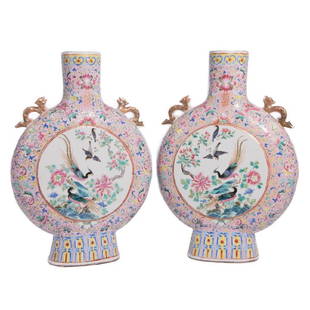 Pair of Enameld Moon Flask Vases. Chinese.: Pair of Pink Enameled Moon Flask Vases, Each side painted with Flowering trees and birds.  The reverse painted with scene of warrior games. Chinese, 1st Half of the 20th Century. Condition:  Excell