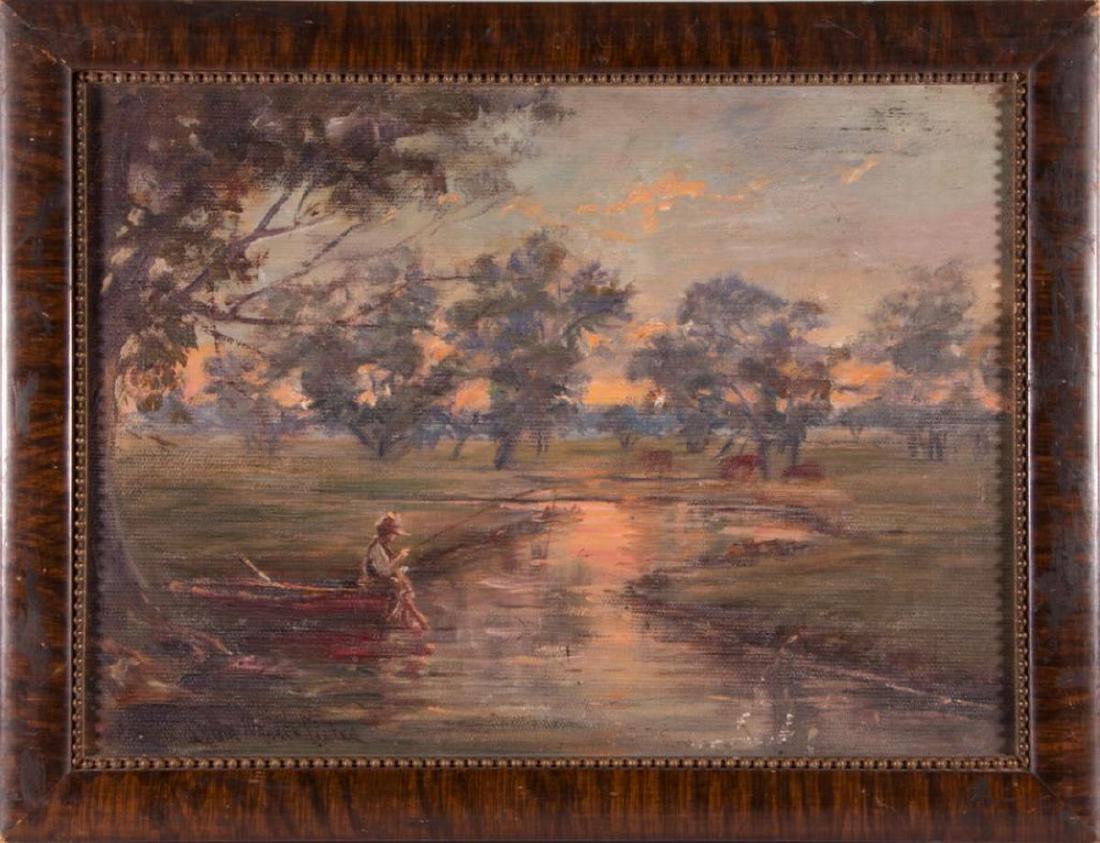 Painting of a boy fishing.: Artist: Signature illegible, lower left. Description: Painting of a boy fishing at sunset. Size artwork: 9 1/2 inches high x 13 wide. Size frame: 12 inches high x 15 1/2 wide. Date: Late 19th/early 20
