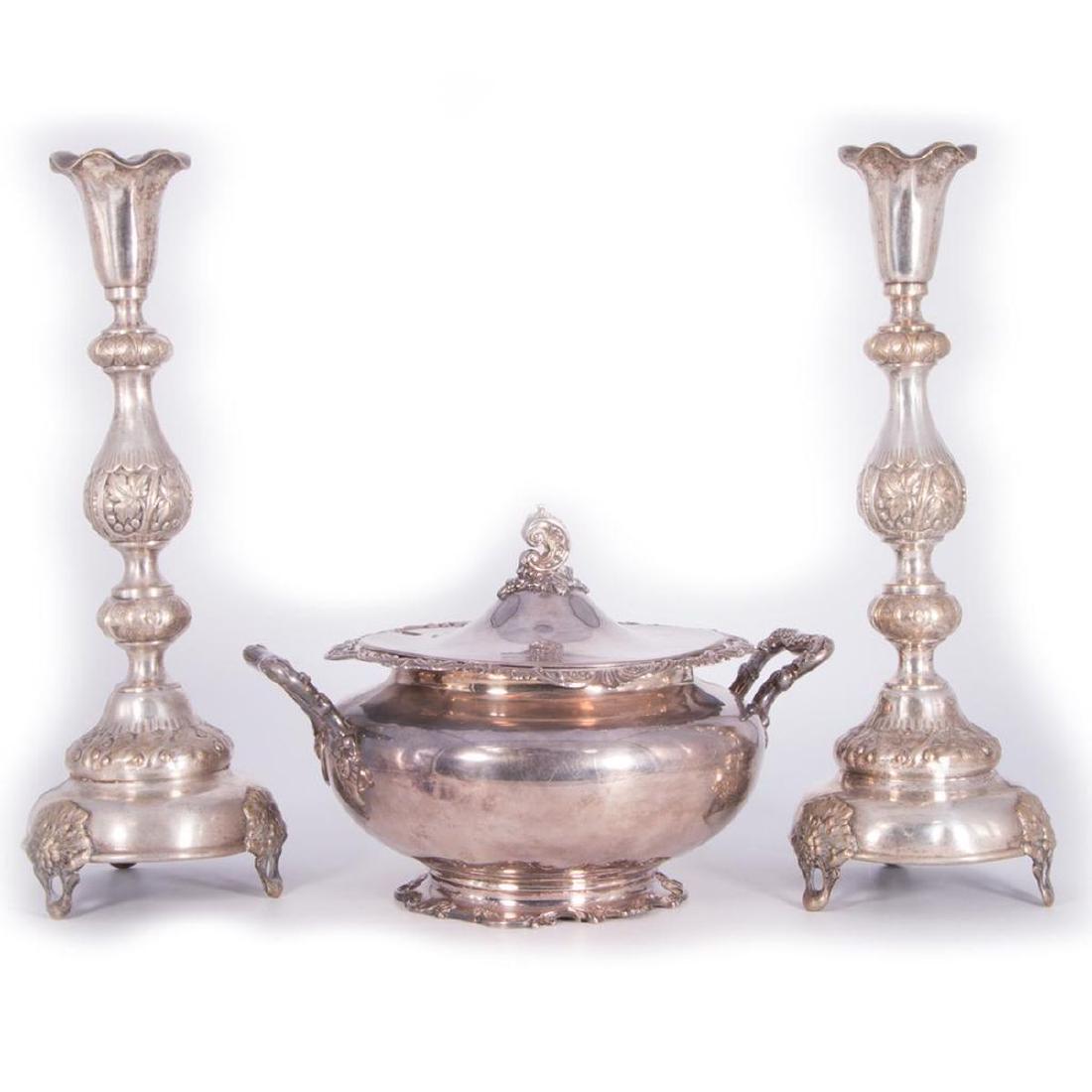 Silver Plate Tureen and Pair of Candlesticks. (1 of 9)