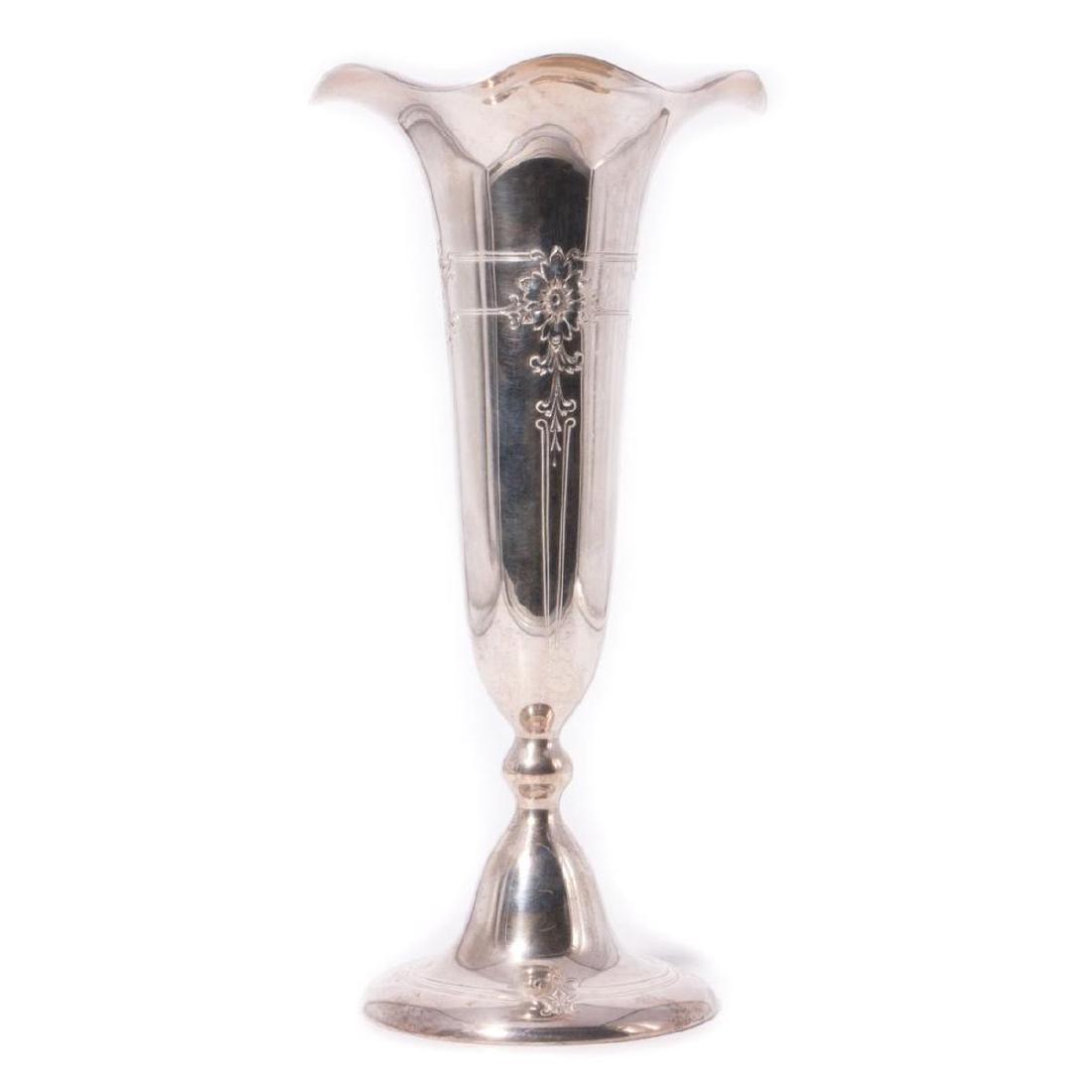 Sterling Trumphet Vase by Shreve & Co.: Large Trumpet Vase, Sterling by Shreve & Co. Weight-787 g, base loaded. Condition: Excellent, Standing straight, No dents ot dings. Dimensions: Height-11.5" Diameter-5.5"