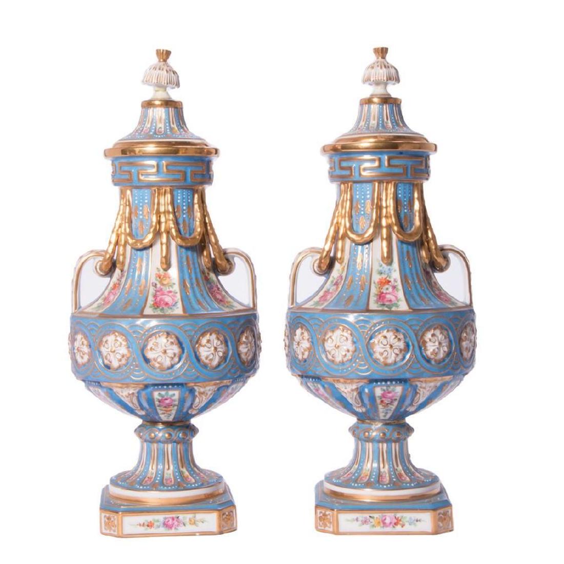 Pair of Sevres Style Blue Covered Garnitures. (1 of 7)