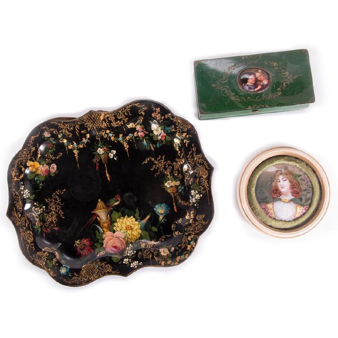 Two Hand Painted Medallions and Tole Painted Tray. (1 of 6)