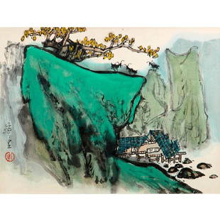 Li Huasheng (1912-2000): Li Huasheng (1912-2000) Landscape with Rock, Trees and Goats, ink and color on paper, framed and glazed. 12 ½ x 16 ½ inches, sight. Provenance: Acquired 1996.