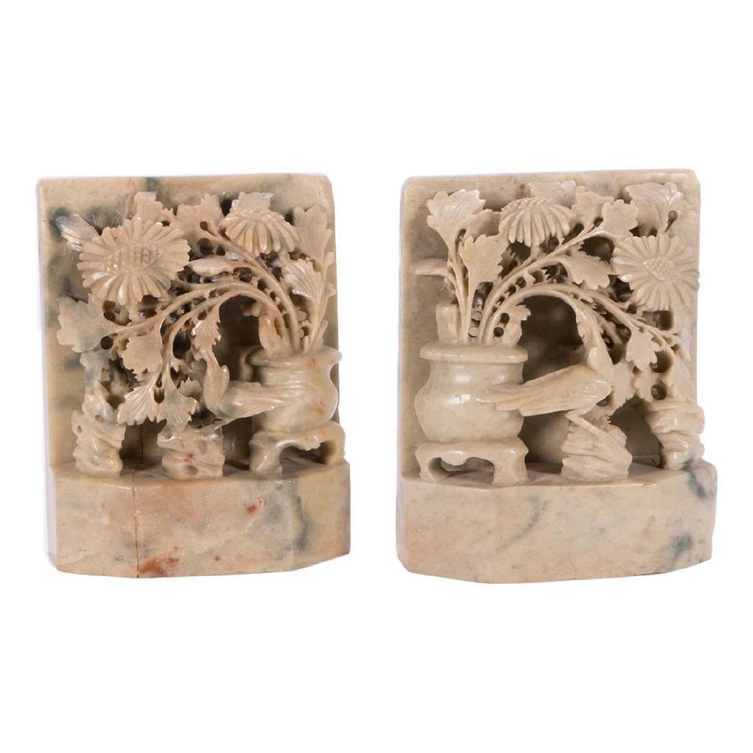 Pair of 19th century Chinese stone carvings.: A pair of late 19th century stone carvings with birds and flowers (one with old repair) - 5 3/4 inches x 4 1/2 wide x 2 deep.