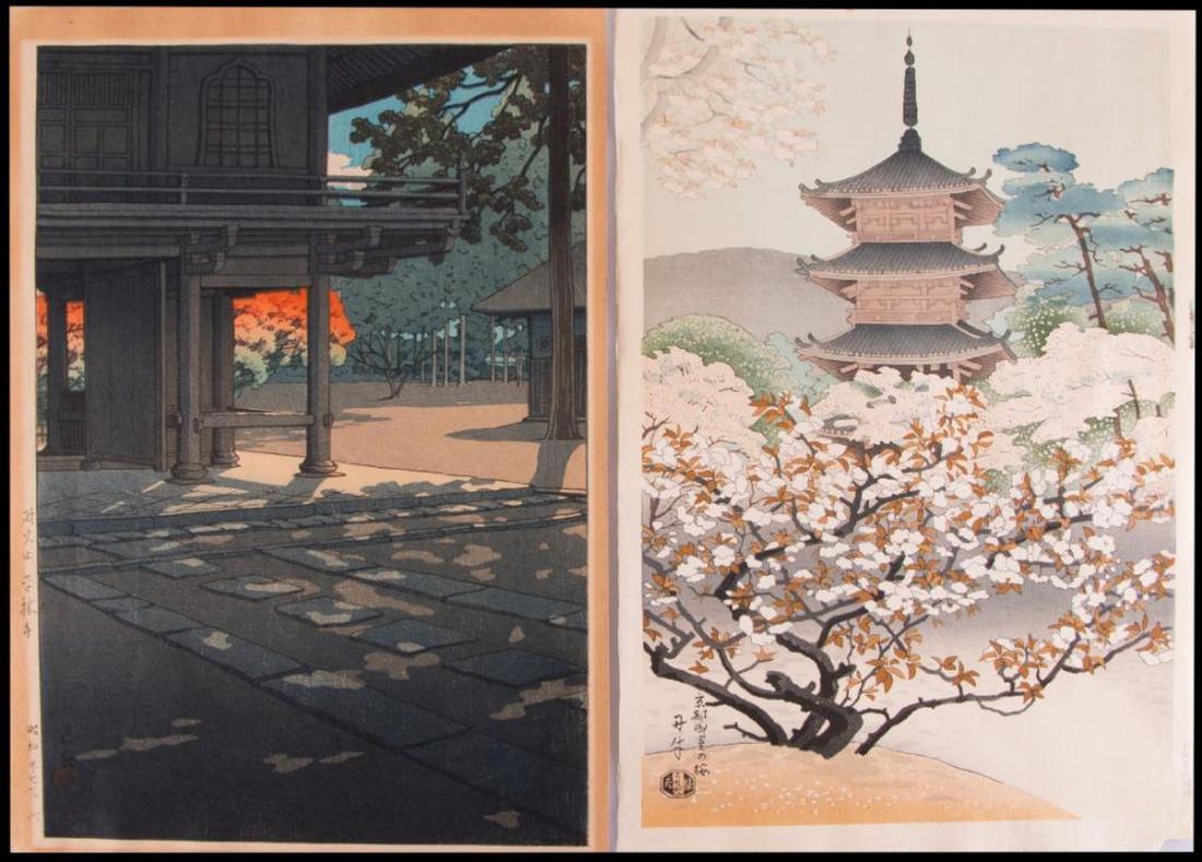 HASUI and Asada BENJI Woodblock Prints: Artist: Kawase HASUI (1883-1957), Asada BENJI (1899-1984). Title: Heirinji, Nobidome, Ninnaji Pagado. Date: 1952, c.1950. Medium: woodblock Condition: Toned, No condition problems to note. Di