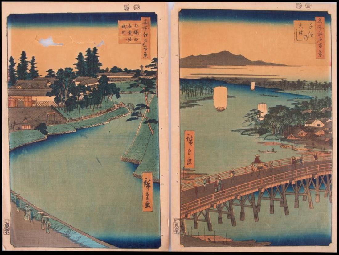 HIROSHIGE Woodblock Prints: Artist: HIROSHIGE (Ando) (1797-1858). Title: Edo meisho hyakkei (100 Famous Views of Edo) Senju Great Bridge, Benkei Moat from Soto-Sakurada to Kojimachi. Date: 1856. Medium: woodblock. Conditio