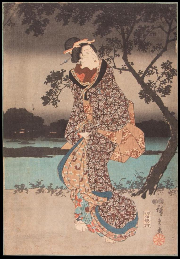 HIROSHIGE Woodblock Print: Artist: HIROSHIGE (Ando) (1797-1858). Title: woman walking at night. Date: 1847-52. Medium: woodblock. Condition: Laid down, slight soiling. Dimensions: 14 1/4 x 9 34 inches (Approx).