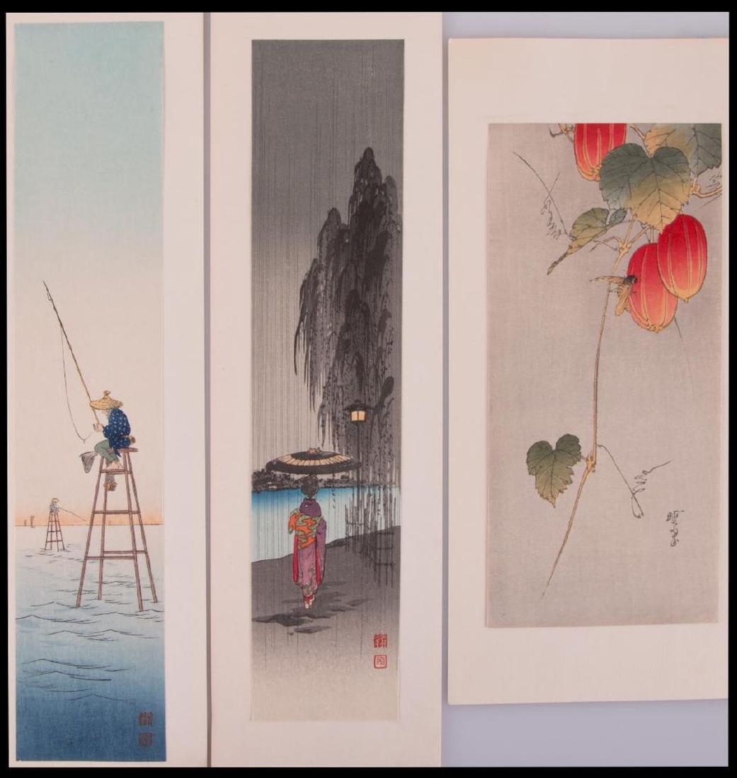 Japanese Woodblock Prints: Artist: Kawanabe GYOSUI (1868-1935), Shoda KOHO (?1871-?1946). Title: Robber Fly on Snake Gourdc, Maiko walking in the rain, Fishing from platforms. Date: c. 1930s. Medium: woodblock. Condition